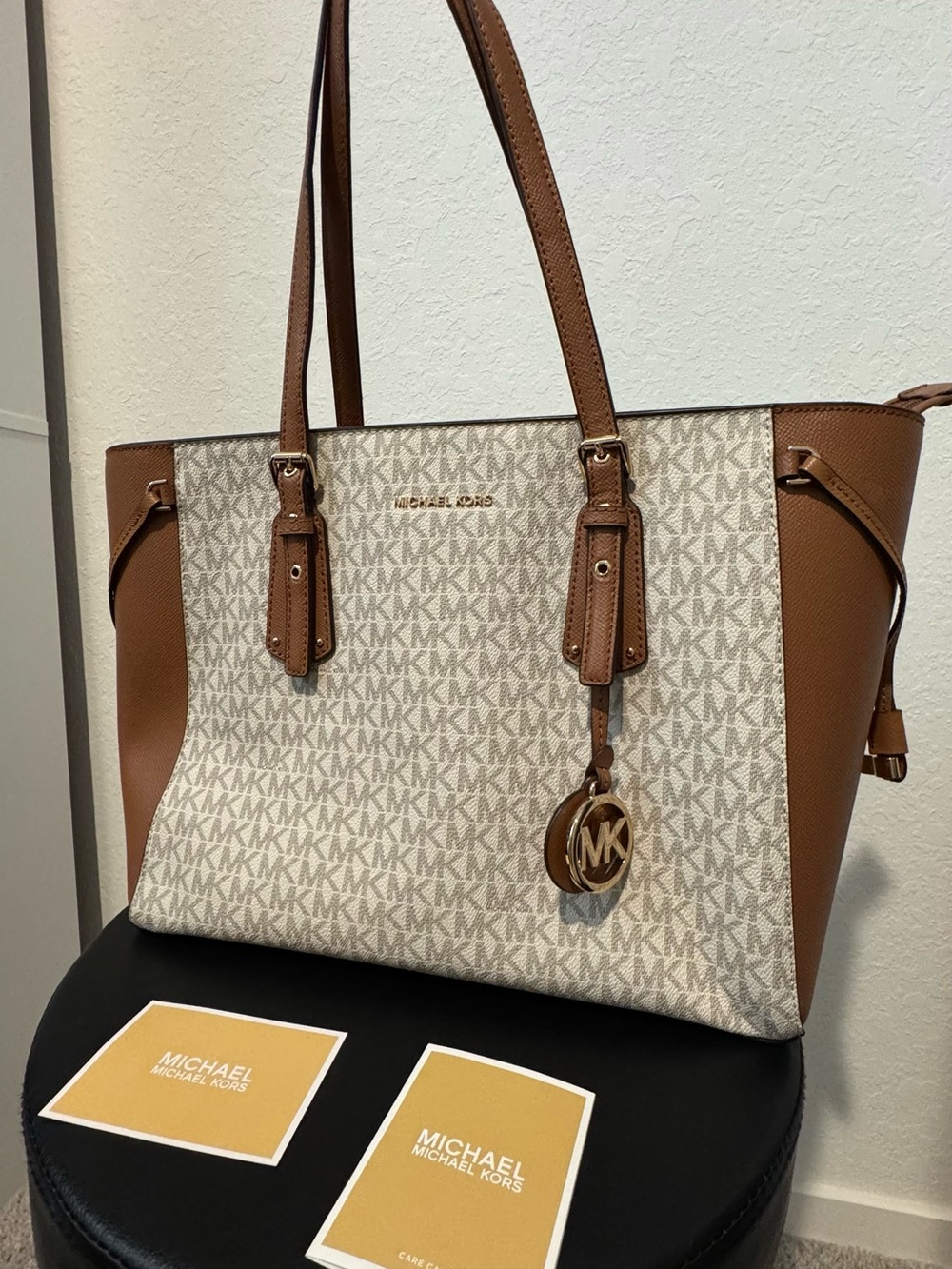 Michael Kors Vanilla MK Logo Tote with Brown Leather Trim